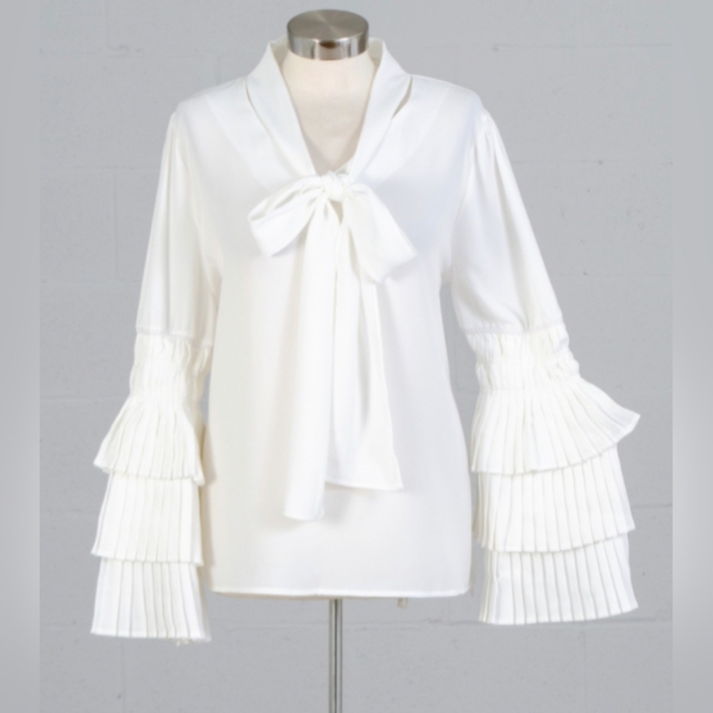 WHY Dress - Three-Tired Pleated Sleeve Blouse - White